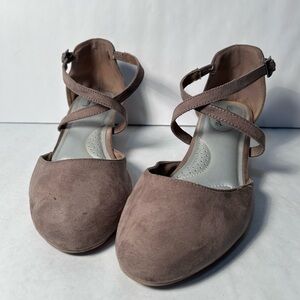 Taupe Suede Mary Jane Flats | Crisscross Straps + Low Wedge | Women’s 9
